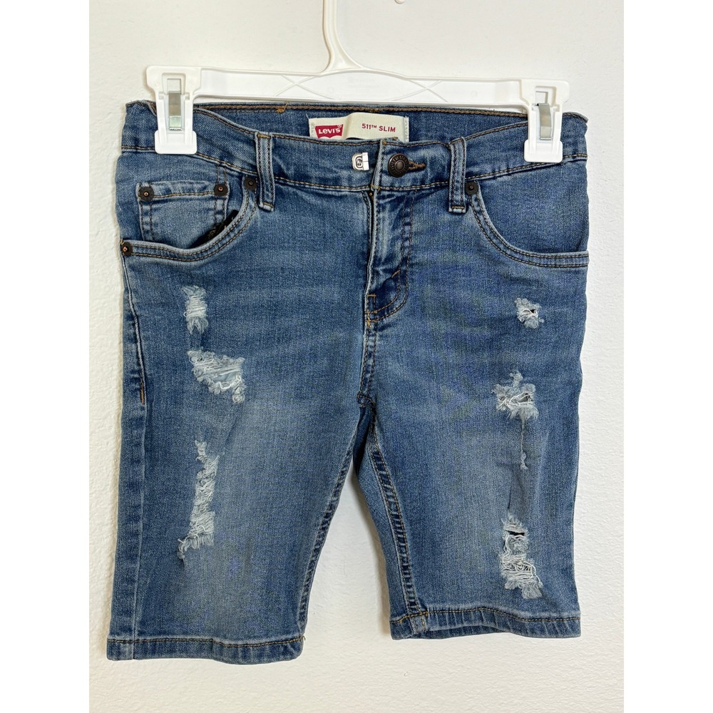 Levis 511 Slim Fit Boys Denim Shorts Distressed Blue Size 8 Reg W24 L22